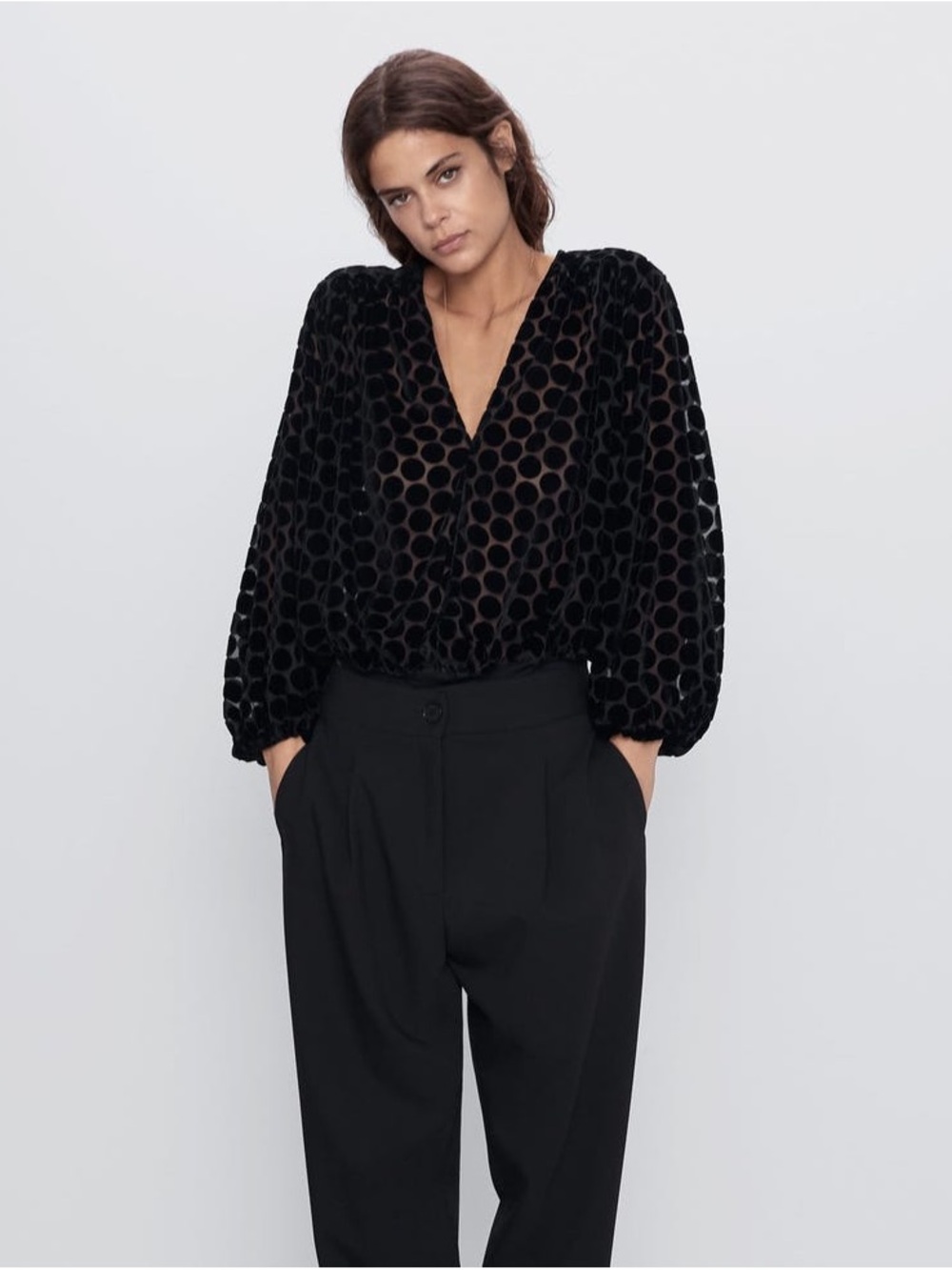 Zara Black Polka Velvet V-Neck Blouse